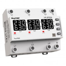 Трифазне реле напруги з контролем струму DigiTOP VA-3F63A-M6W з білим індикатором